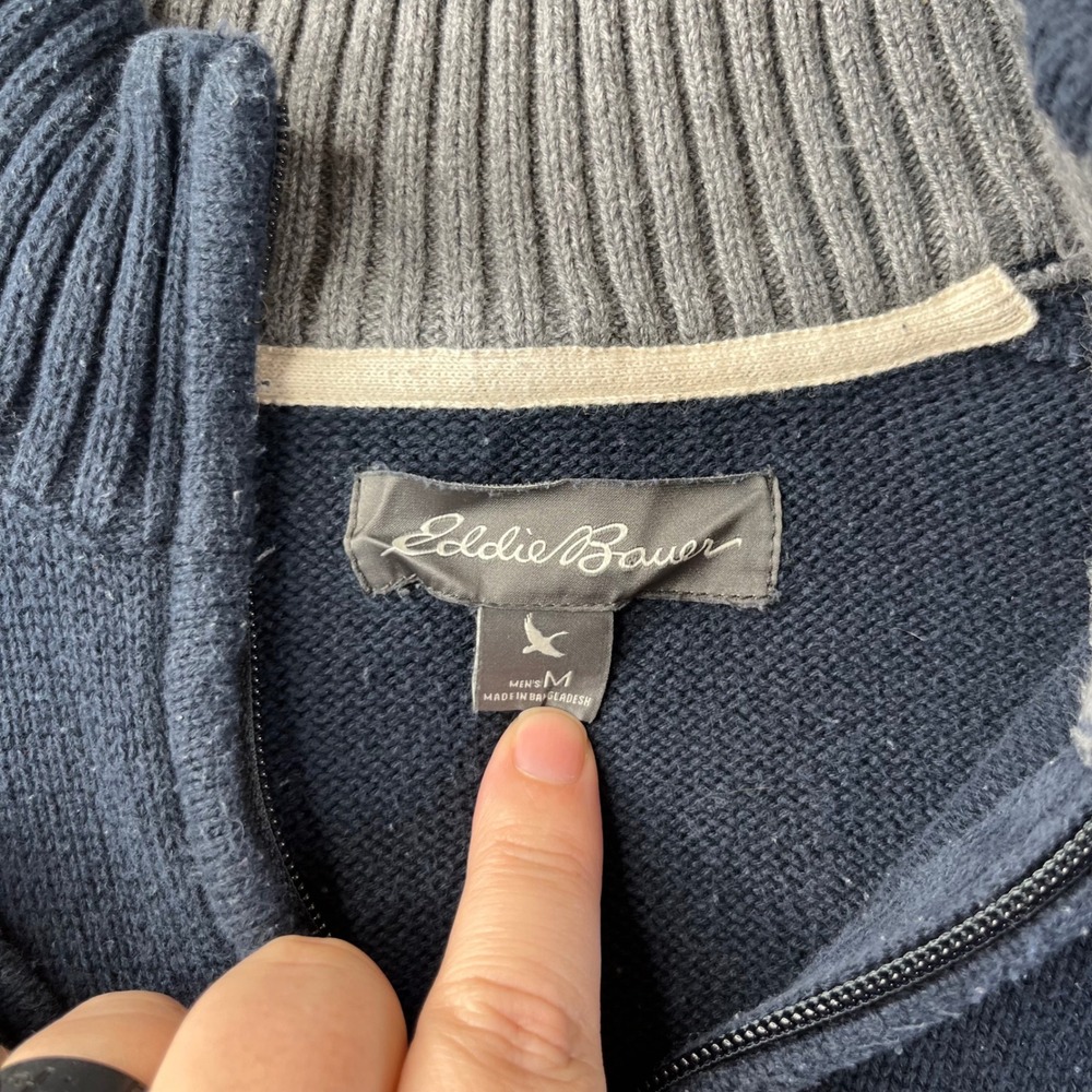 Eddie Bauer Quarter Zip Sweater Mens Medium Navy Blue Striped 100% Cotton Mock - Picture 2 of 9